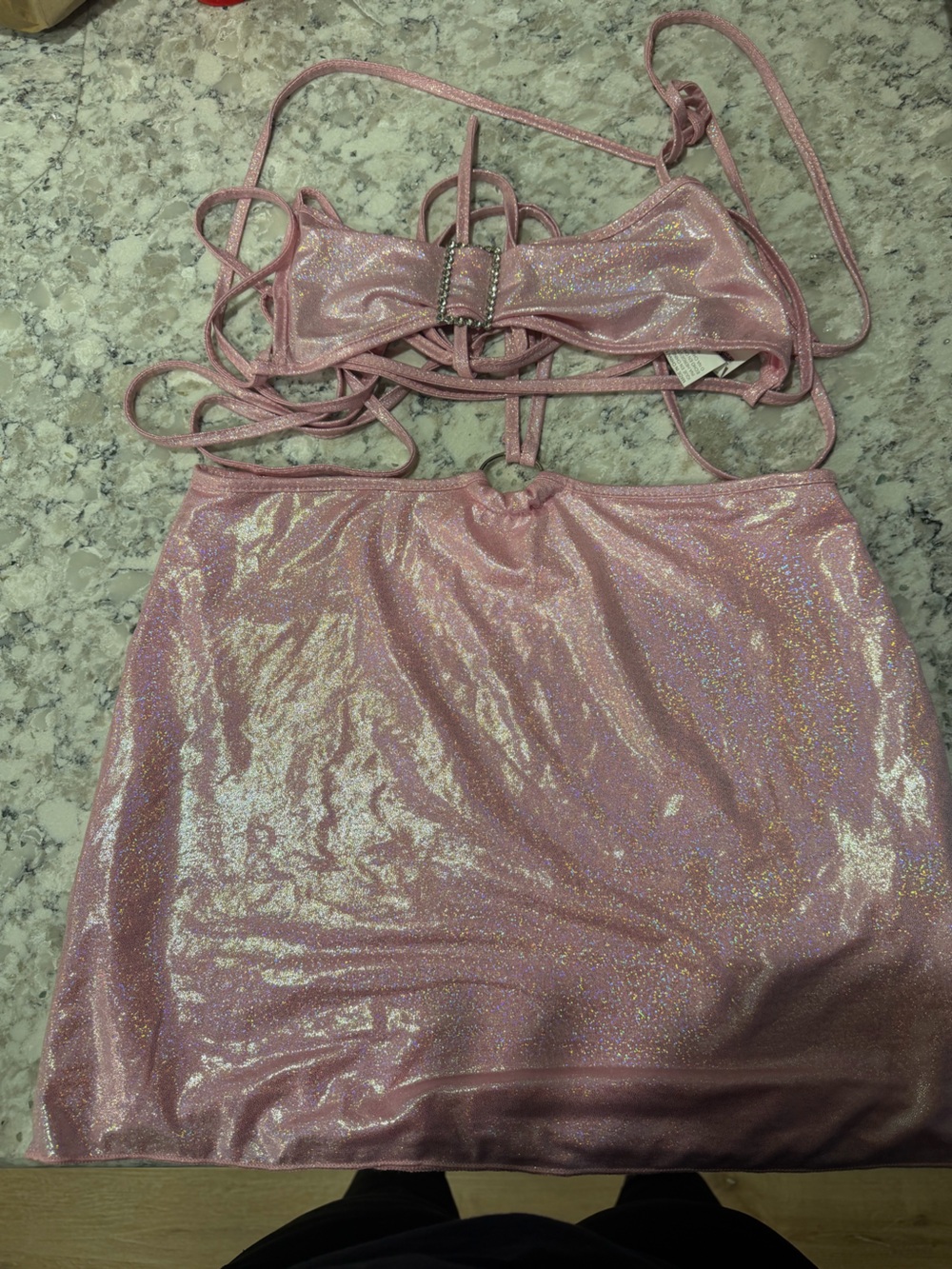 SHEIN Shimmer Light Pink Strap Detail Dress